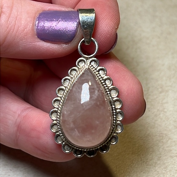 Vintage boho pink quartz pear shaped sterling silver 925 necklace pendant - Picture 2 of 5